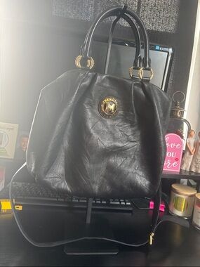 METROCITY Black Satchel Handbag with Gold Accent